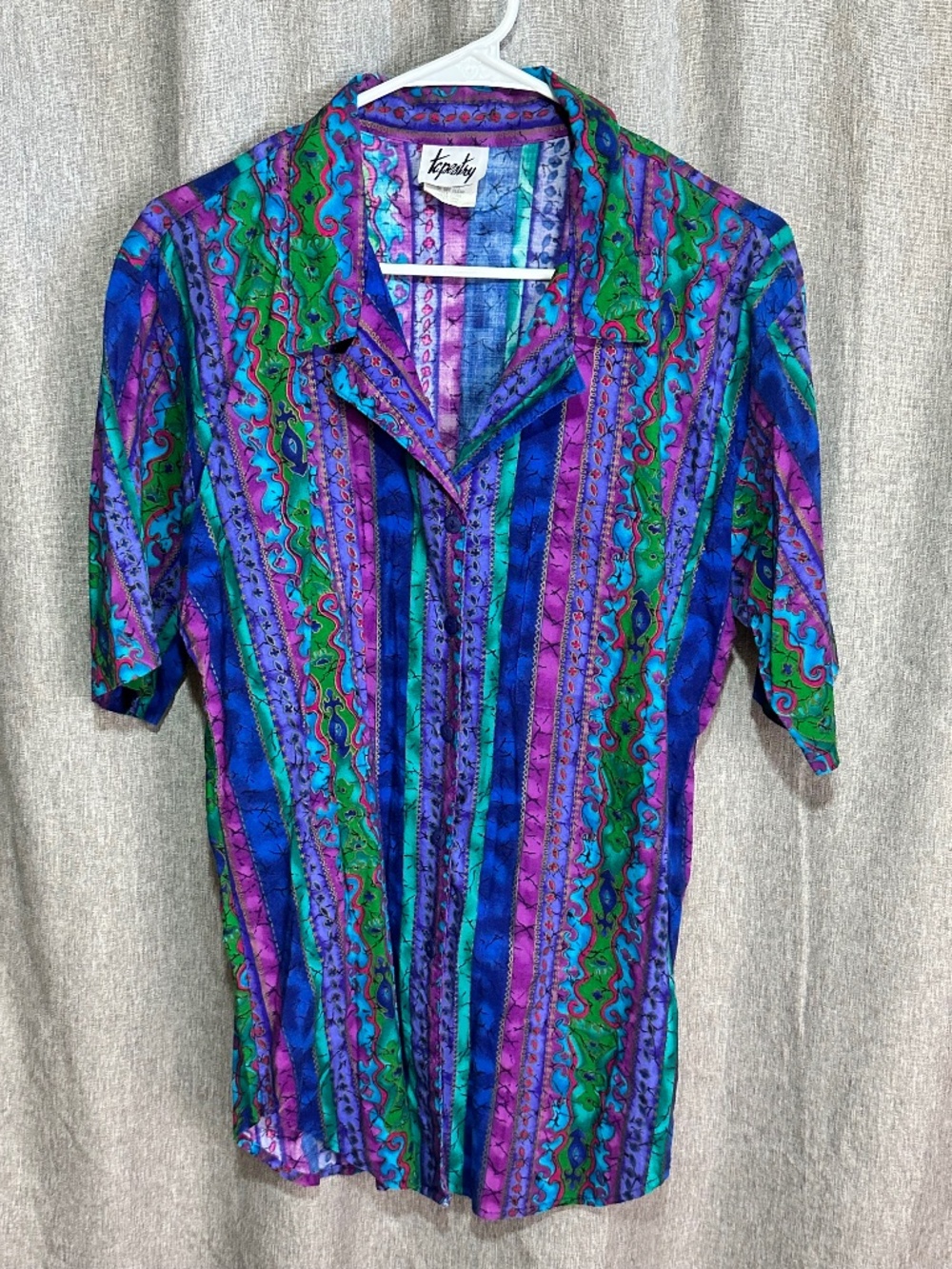 Vintage Tapestry Abstract Vertical Stripe Button Up Shirt Blouse Size Medium